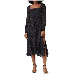Reformation Rowan Polka Dot Smocked Midi Dress Square Neck Black Medium